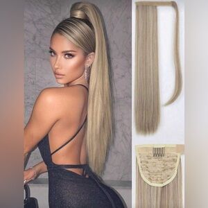 28” Human Hair Blend Wrap Around Ponytail – Silk Straight, Natural Ash Blonde